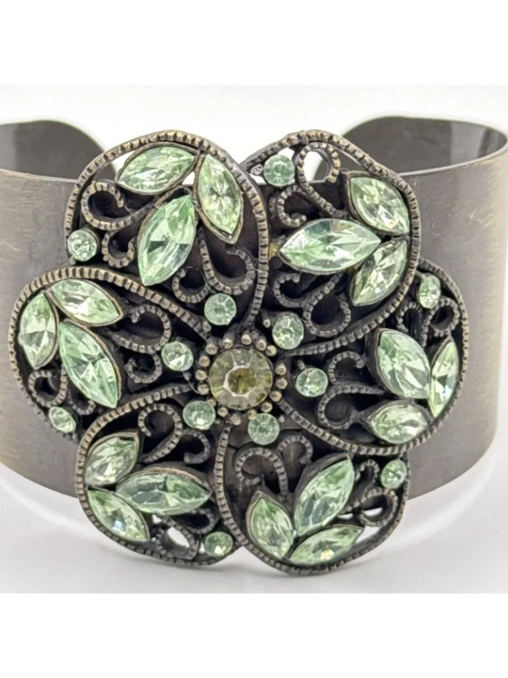 Brass Cuff Bracelet Filigree Floral Medallion Light Green Rhinestones Boho Art